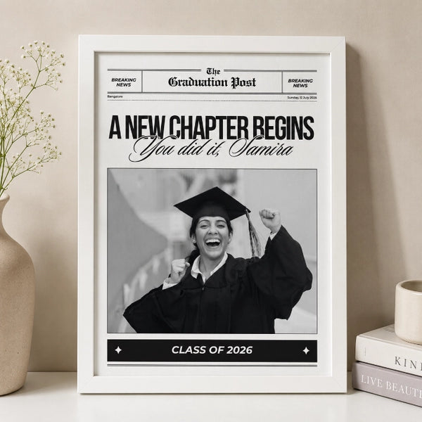 Personalized graduation newspaper style frame featuring graduate photo custom headline and graduation year in a premium frame.