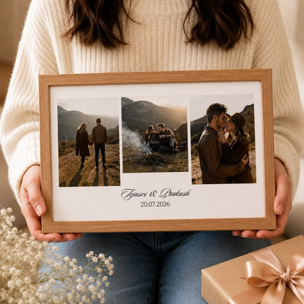 Personalized wooden couple photo collage frame with three romantic photographs custom names and special date.
