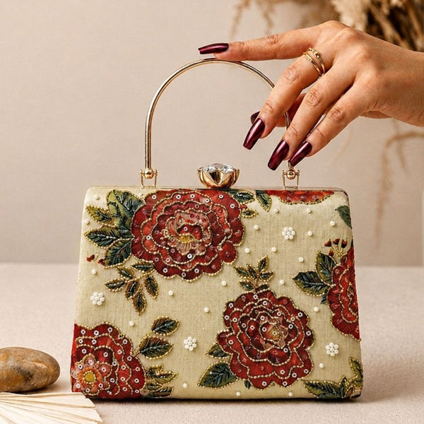 Printed Ruby Floral Embellished Handle Clutch with Red Floral Artwork for Wedding, Party and Festive Wear