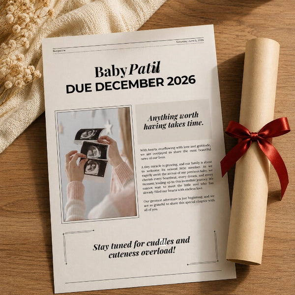 Personalized pregnancy announcement newspaper print featuring ultrasound image due date and custom baby reveal message.