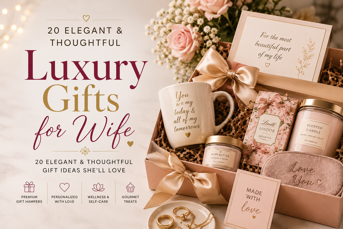 Luxury gift hamper for wife featuring personalized gifts, premium chocolates, scented candle, mug, flowers, and elegant gift ideas for special occasions.