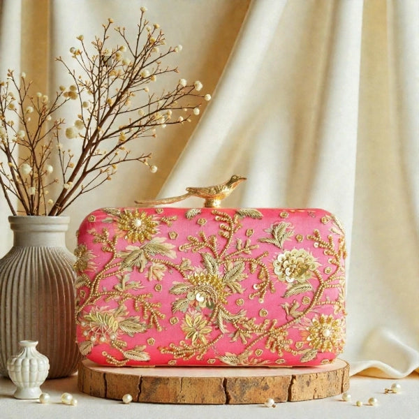 Bird Knob Embroidery Clutch