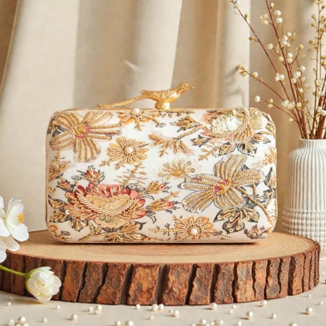 Bird Knob Embroidery Clutch