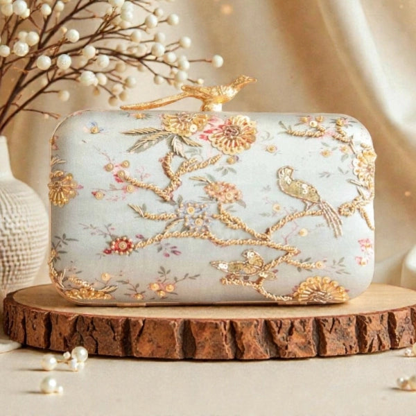 Bird Knob Embroidery Clutch