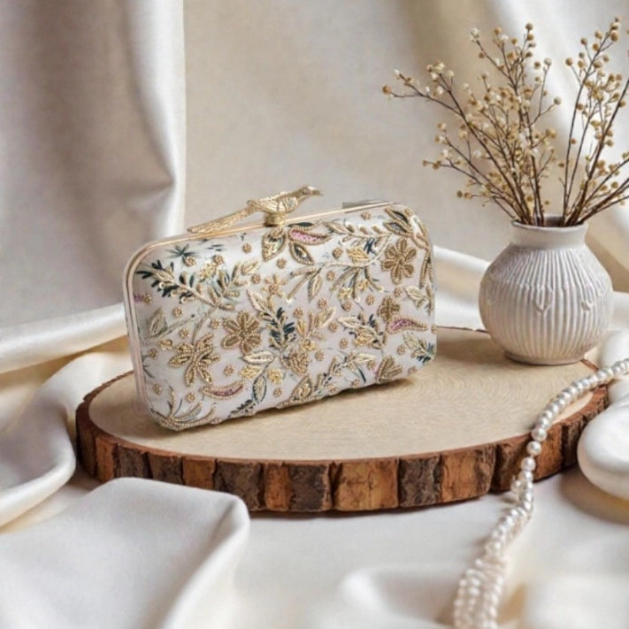 Bird Knob Embroidery Clutch