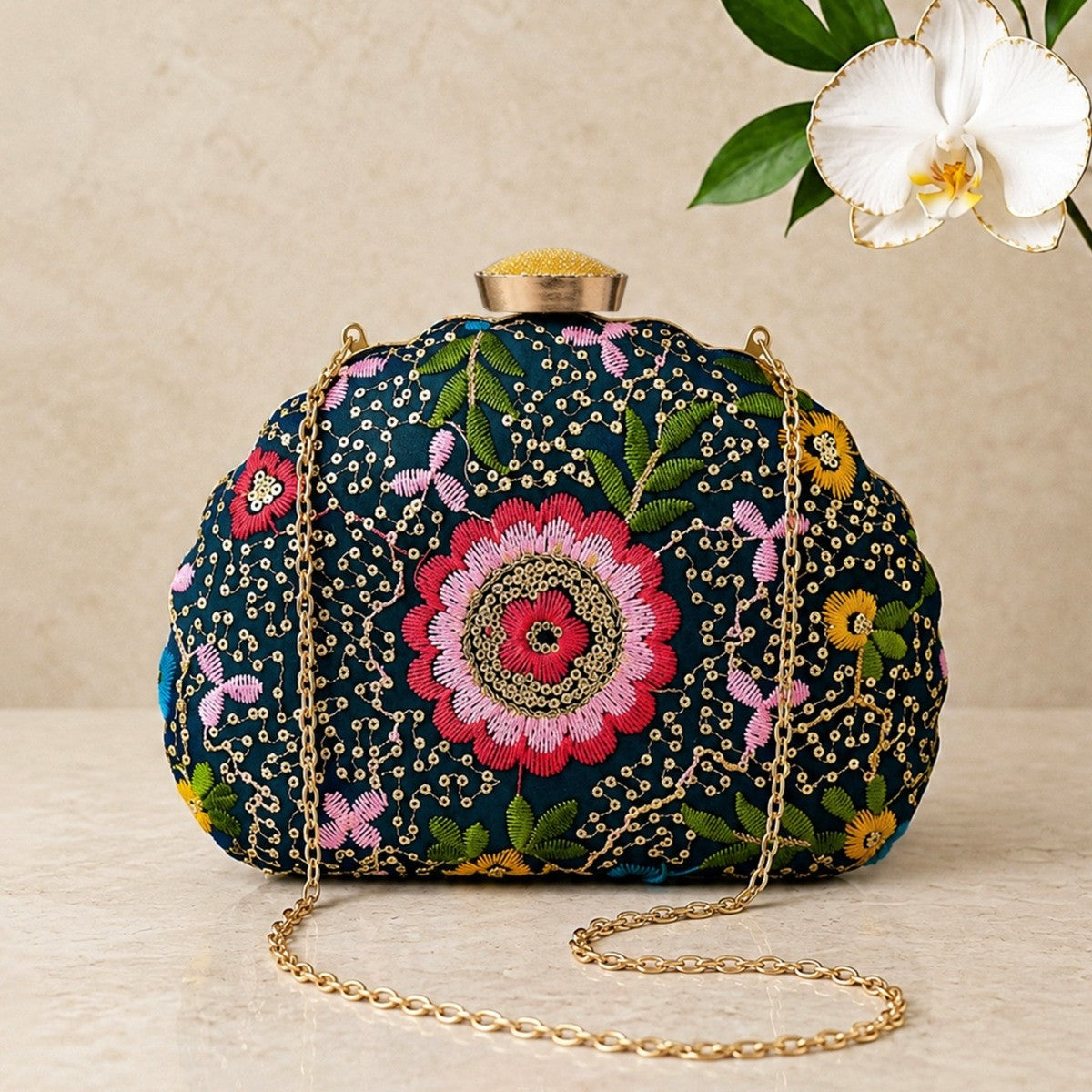 Black Sequin Embellished Dshape Clutch