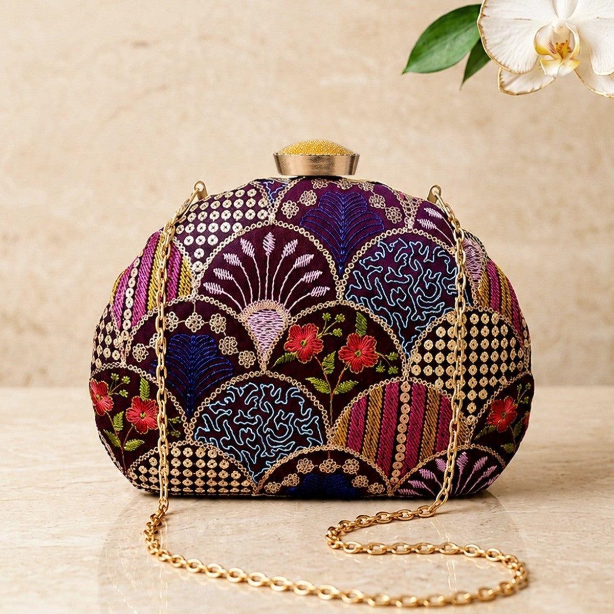 Black Sequin Embellished Dshape Clutch