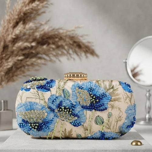 Bluebell Grace Highlight Embroidered Designer Clutch with Blue Floral Embroidery for Wedding and Festive Wear