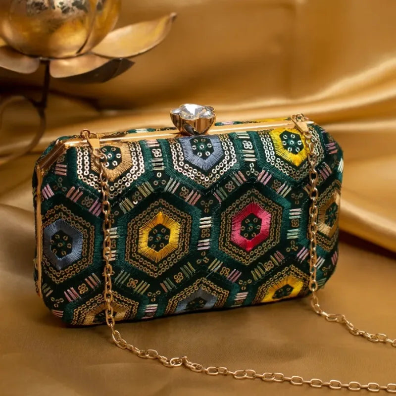 Colorful Threadwork Boxy Clutch