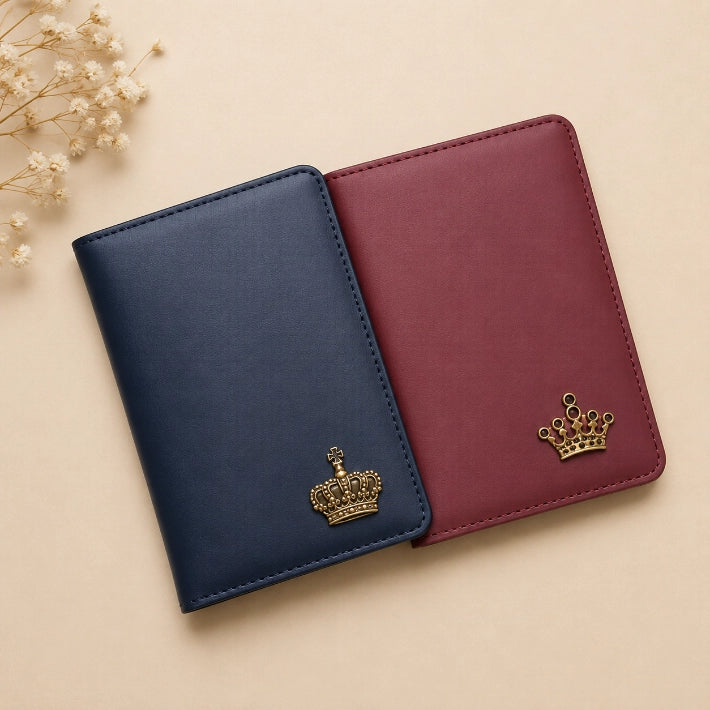 Front view of a premium Couple Passport Holder Set in blue and maroon PU leather, ideal for honeymoon, anniversary, wedding, and travel gifting.