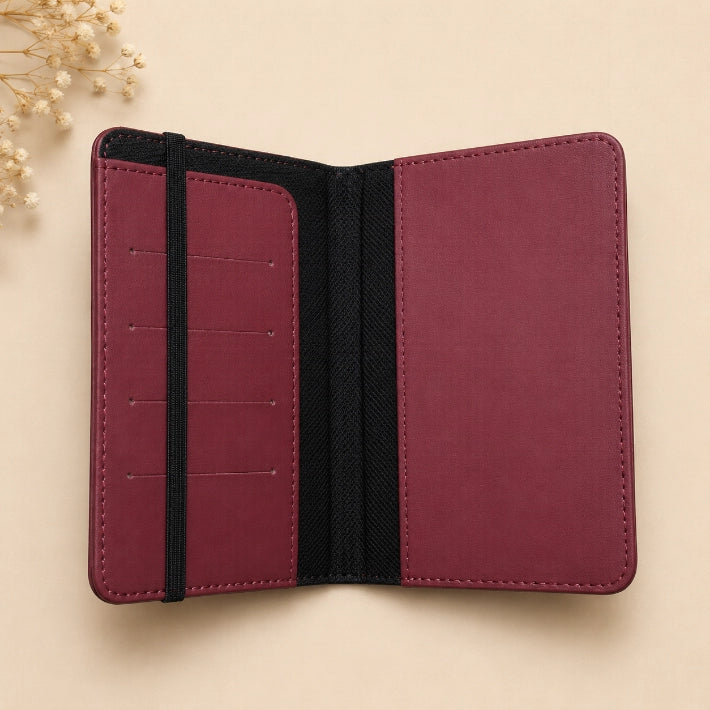 Inside view of a premium Couple Passport Holder Set in blue and maroon PU leather, ideal for honeymoon, anniversary, wedding, and travel gifting.