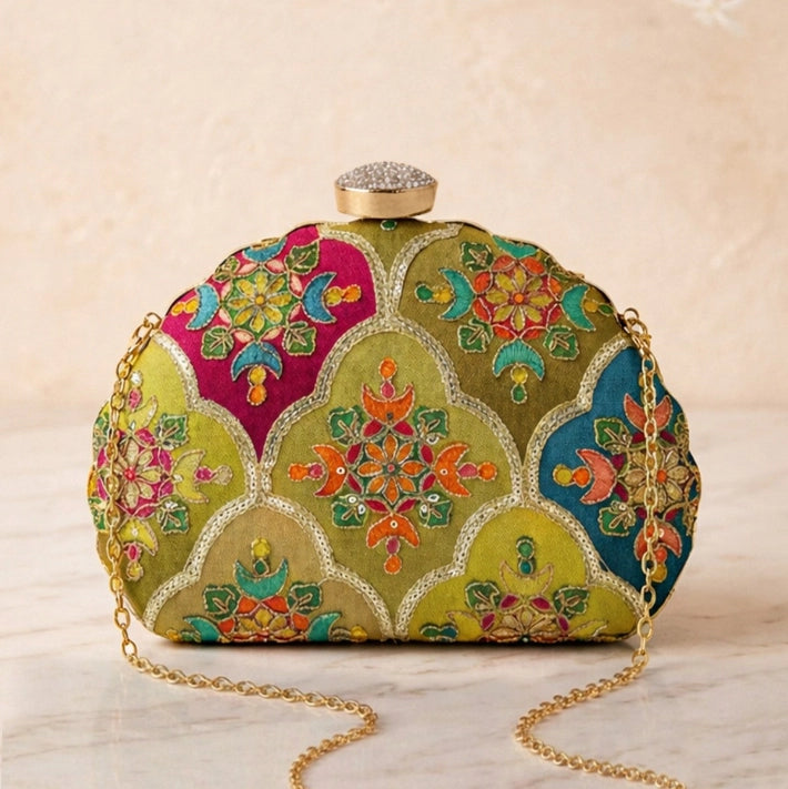Designer Embroidery DShape Clutch