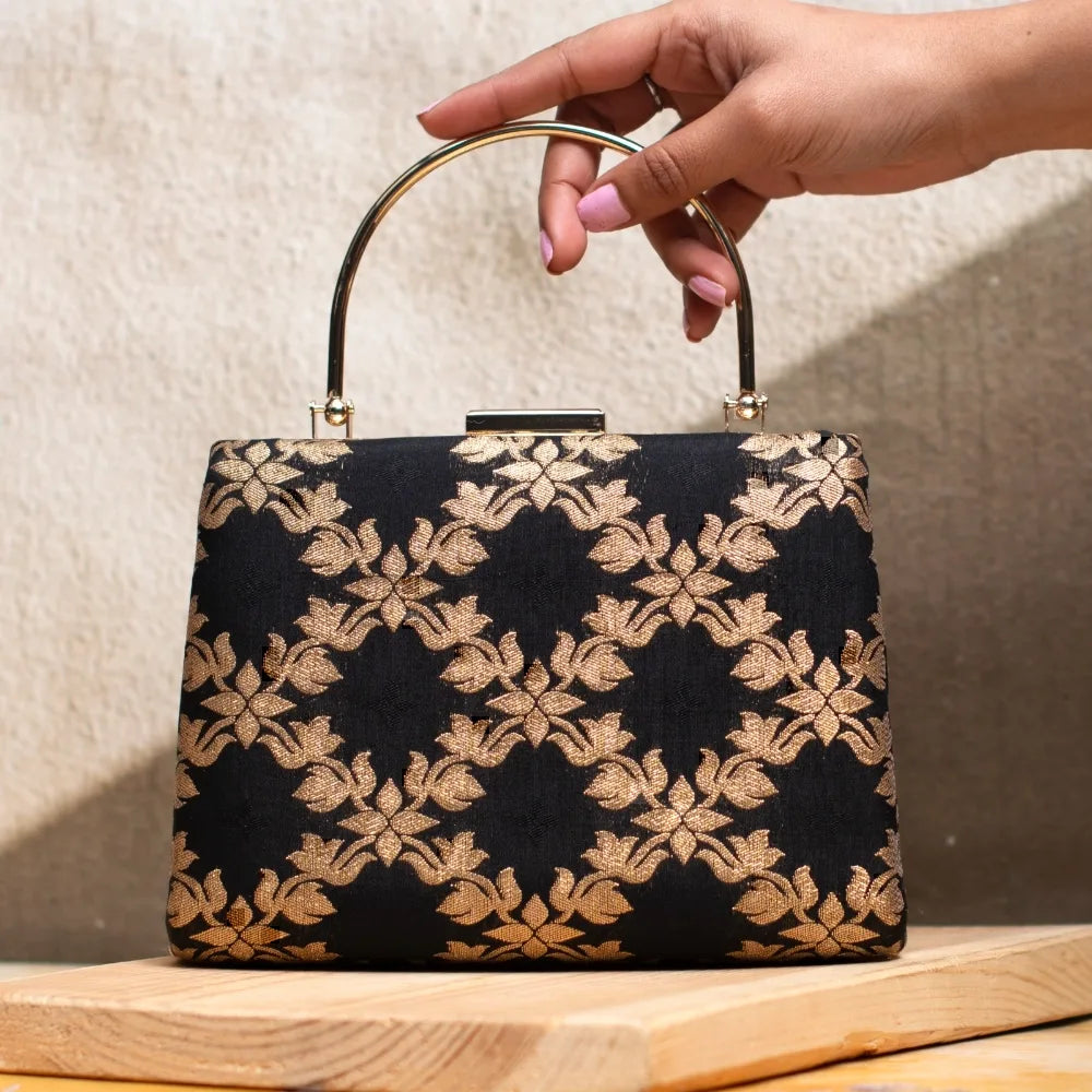 Floral Checks Brocade Handle Clutch