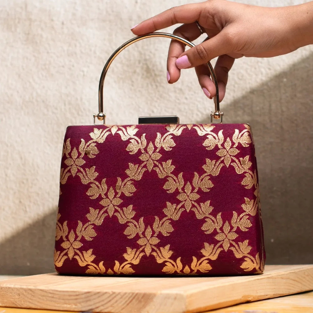 Floral Checks Brocade Handle Clutch