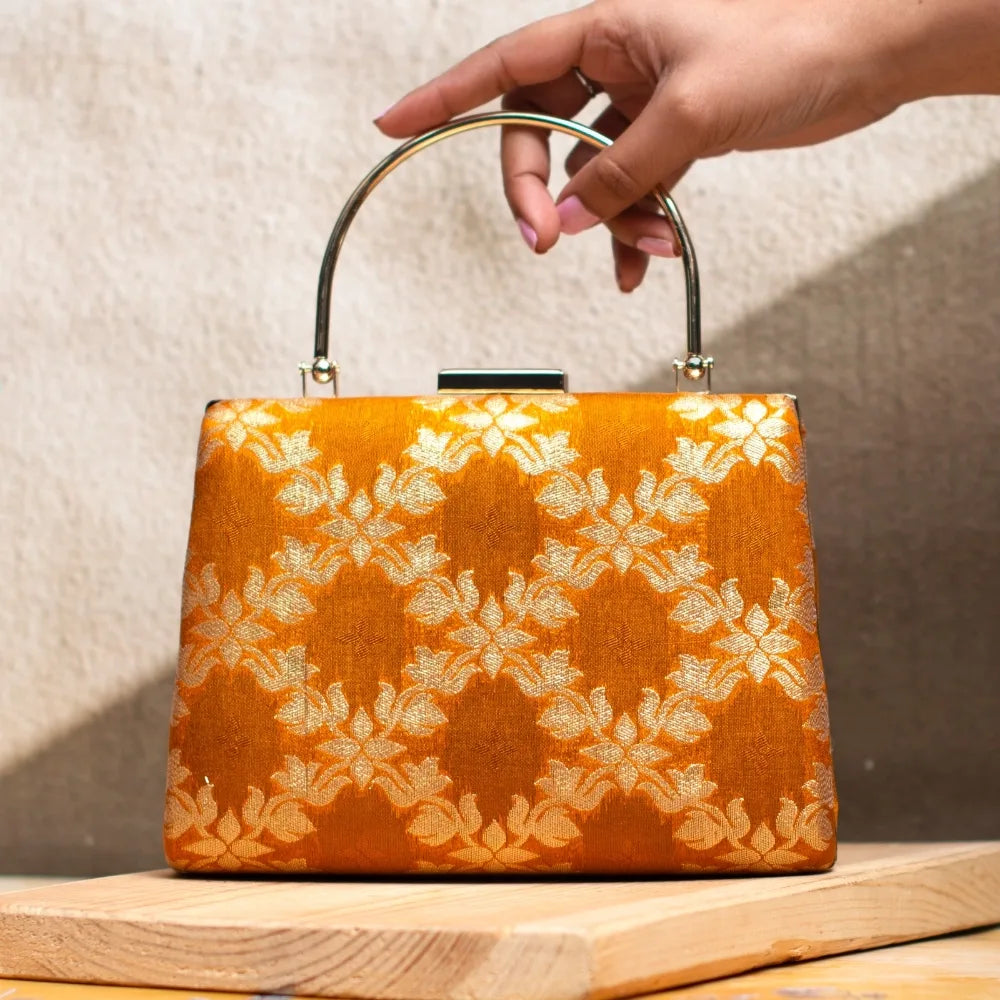 Floral Checks Brocade Handle Clutch