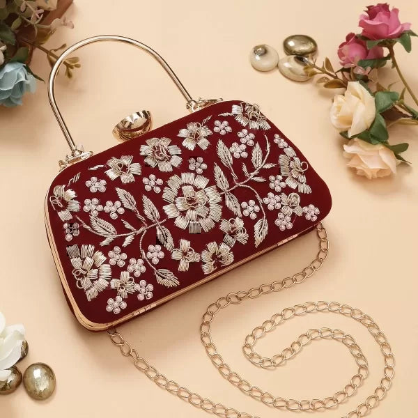 Floral Embroidery Handle Clutch