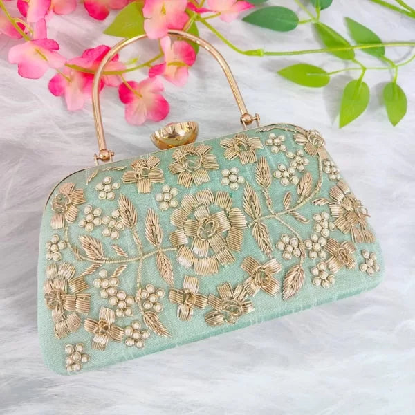 Floral Embroidery Handle Clutch