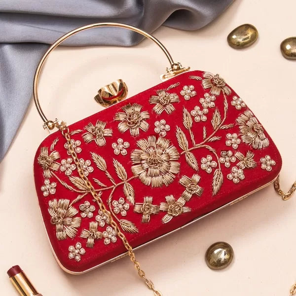 Floral Embroidery Handle Clutch