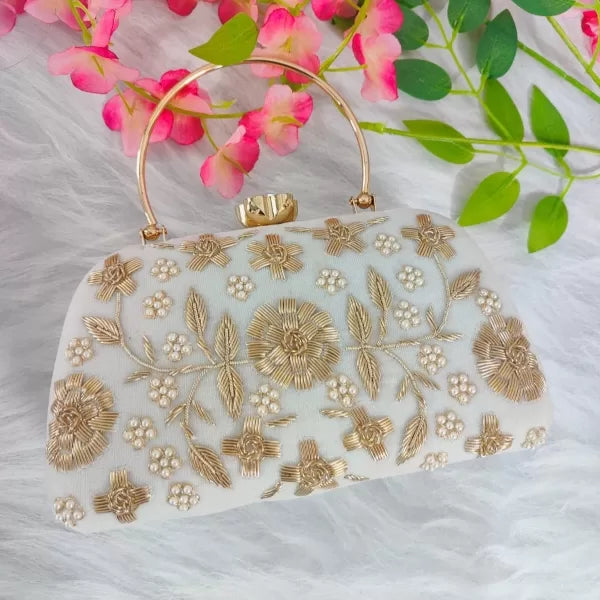 Floral Embroidery Handle Clutch