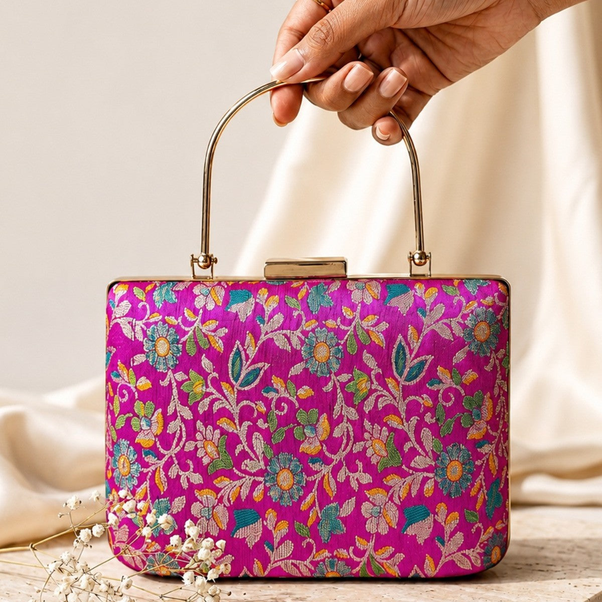 Fuchsia Bloom Handle Clutch