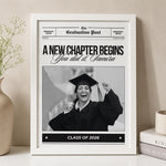 Personalized graduation newspaper style frame featuring graduate photo custom headline and graduation year in a premium frame.