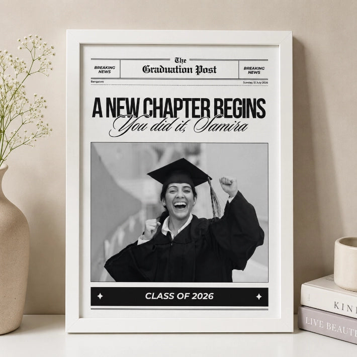 Personalized graduation newspaper style frame featuring graduate photo custom headline and graduation year in a premium frame.