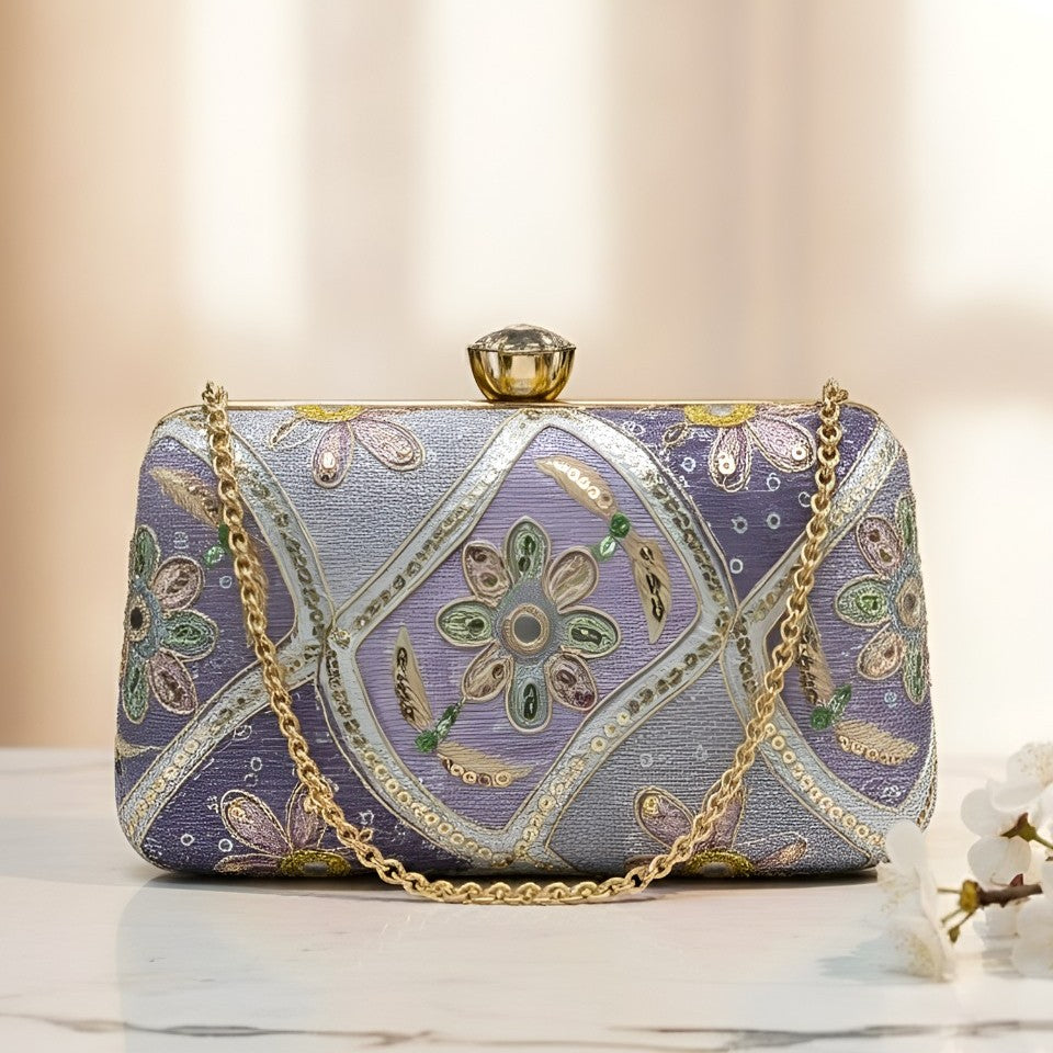 Lavender Jharokha Embroidered Designer Clutch with Pearl Handle for Weddings and Parties
