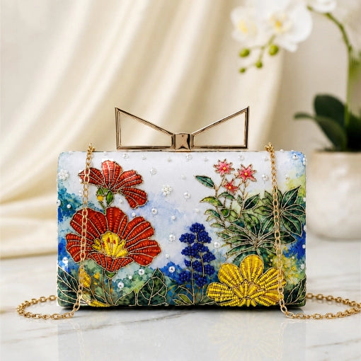 Meadow Bloom Printed Highlight Clutch with colourful meadow-inspired floral artwork, gold-tone frame clasp, detachable chain, and premium designer finish.