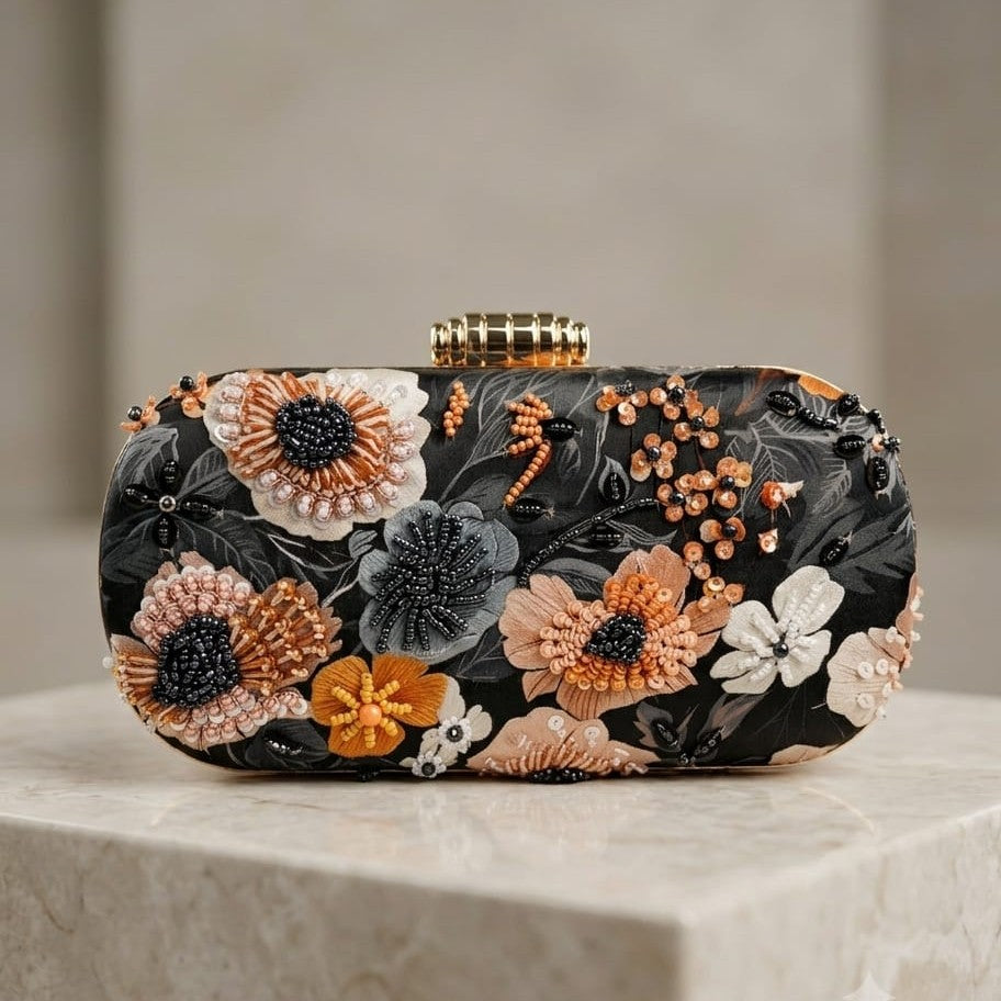 Midnight Bloom Highlight Embroidered Designer Clutch with Black Floral Embroidery for Wedding, Party and Evening Wear