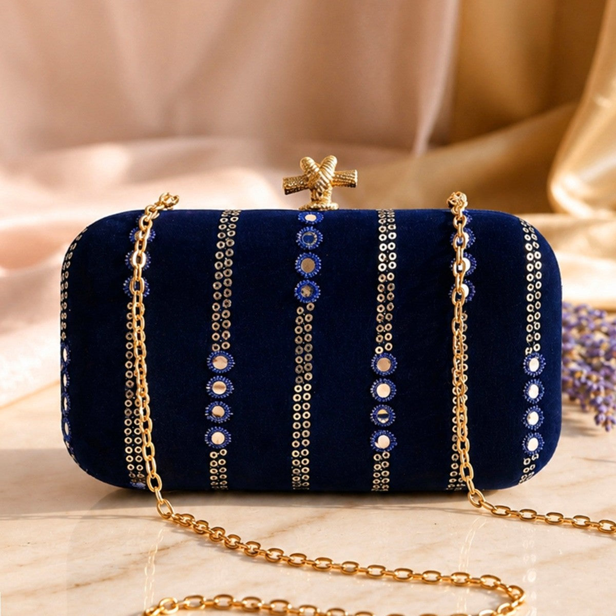 Midnight Sapphire Embellished Designer Clutch in Navy Blue with Crystal Detailing for Bridal and Party Wear