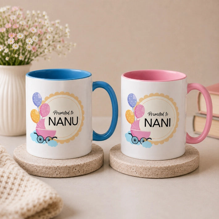 Personalized Promoted To Grandparents ceramic coffee mug with blue handle featuring custom baby announcement design for Nanu and Nani