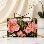Olive Floral Elegance Printed Highlight Clutch featuring pink floral artwork with printed highlights, gold chain strap, and premium clasp