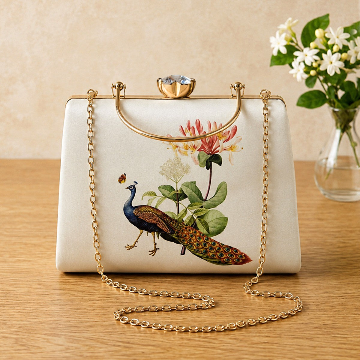 Peacock Bloom Printed Handle Clutch