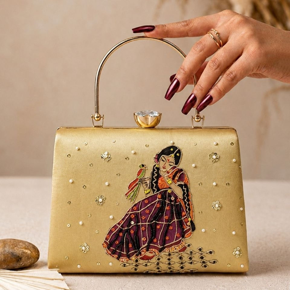 Printed Artisan Lady Embellished Handle Clutch