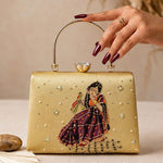 Printed Artisan Lady Embellished Handle Clutch