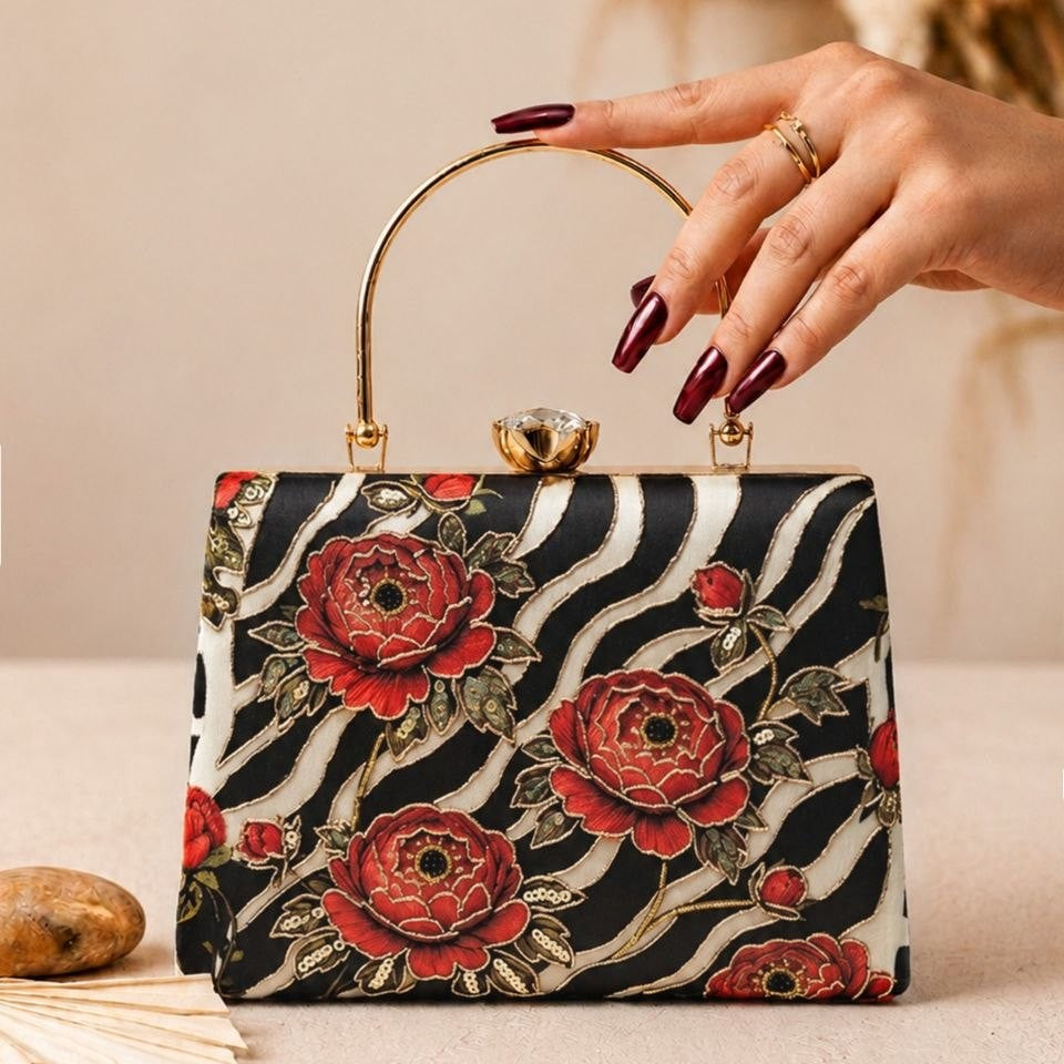 Printed Black Floral Embellished Handle Clutch