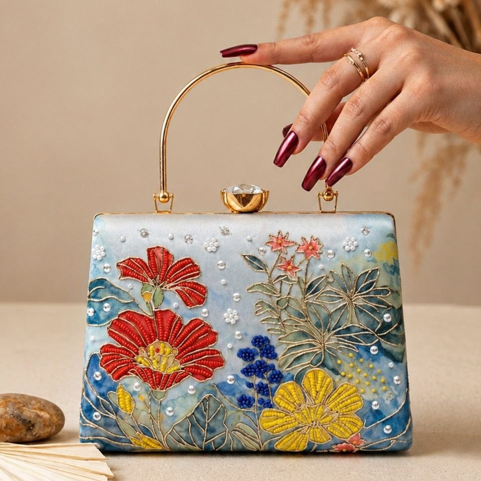 Printed Blue Floral Embellished Handle Clutch