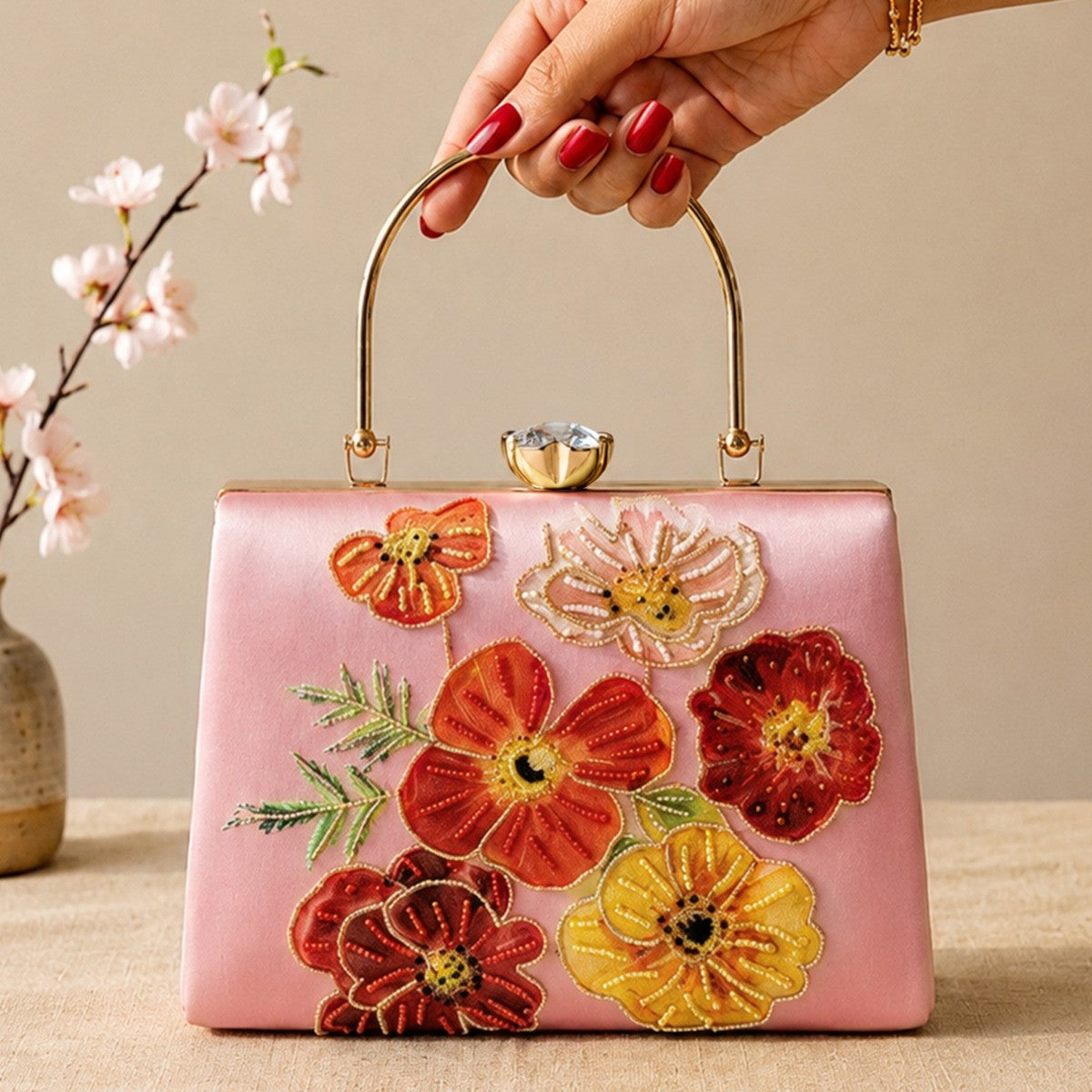 Printed Blush Blossom Embellished Handle Clutch