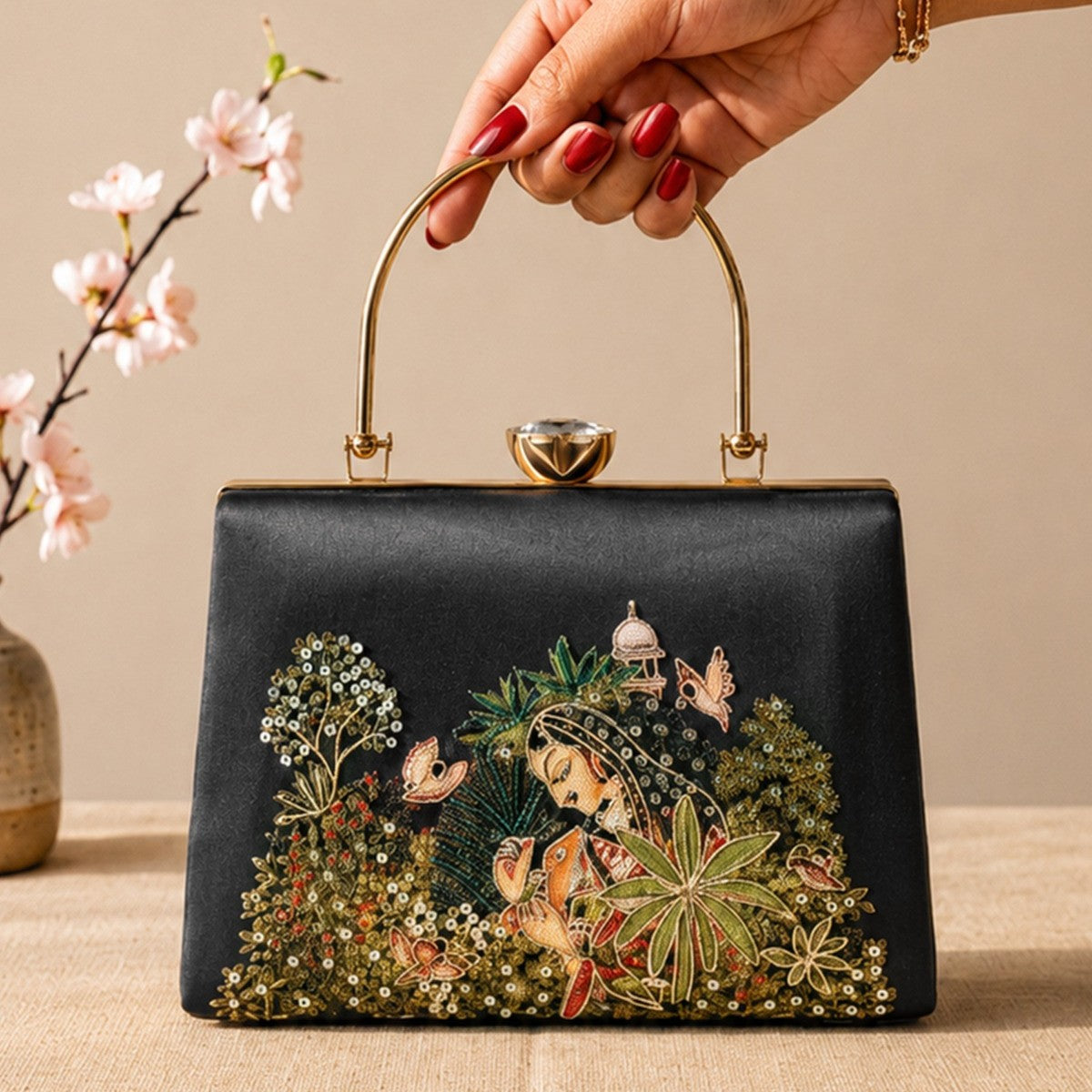 Printed Botanical Beauty Embellished Handle Clutch