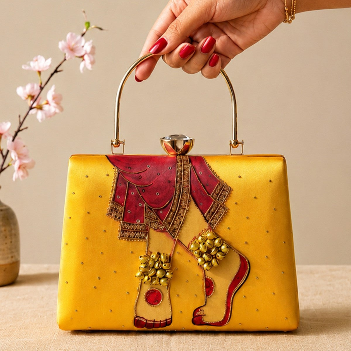 Printed Classical Grace Embellished  Handle Clutch
