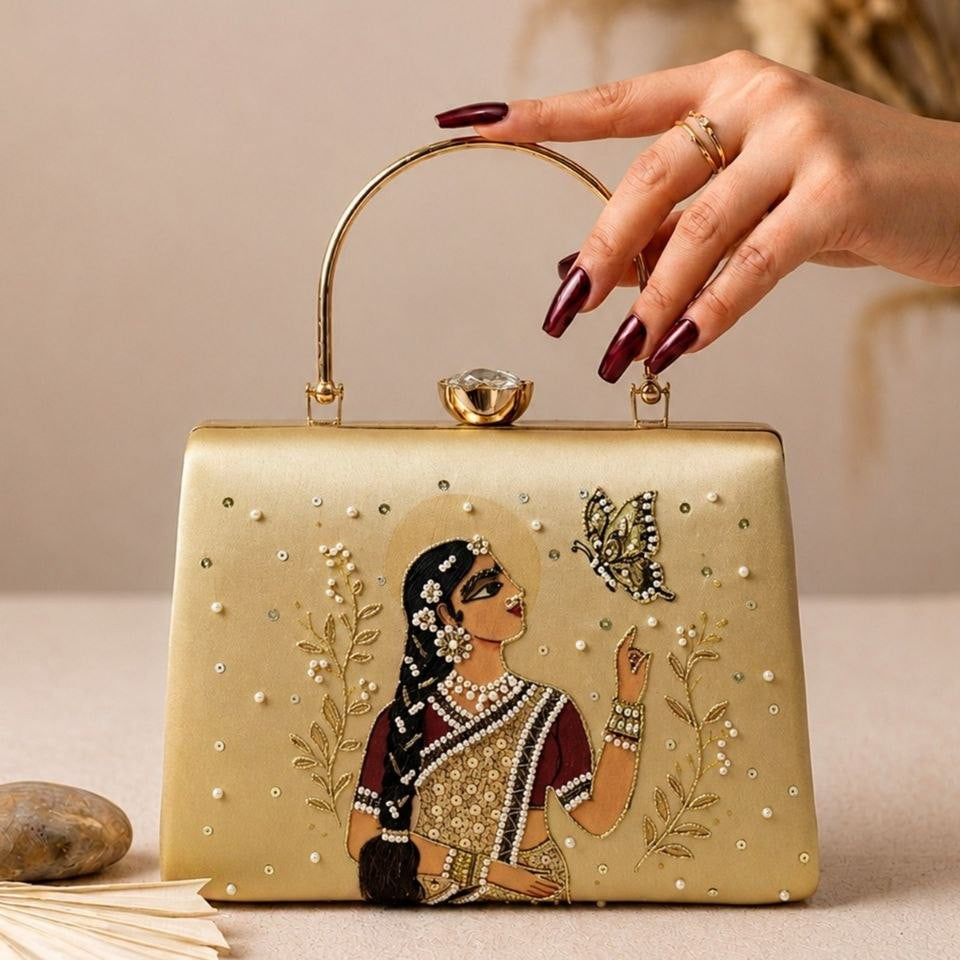 Printed Elegant Lady Embellished Handle Clutch