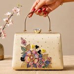 Printed Floral Elegance Embellished Handle Clutch