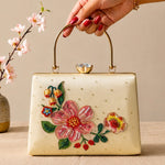 Printed Floral Embellished Handle Clutch