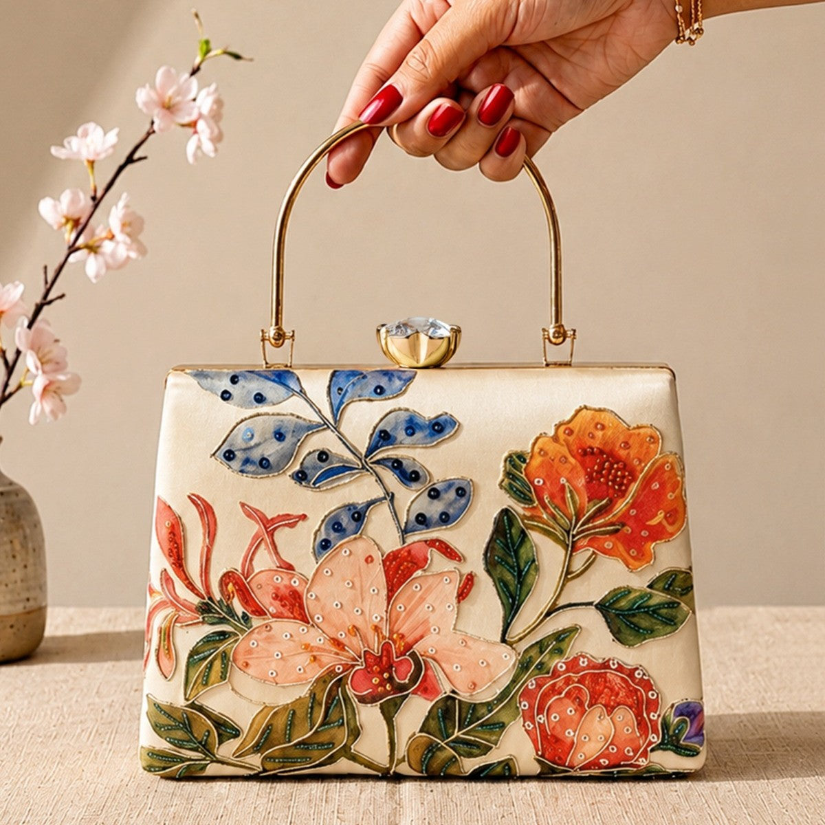 Printed Floral Garden Embellished Handle Clutch