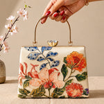 Printed Floral Garden Embellished Handle Clutch
