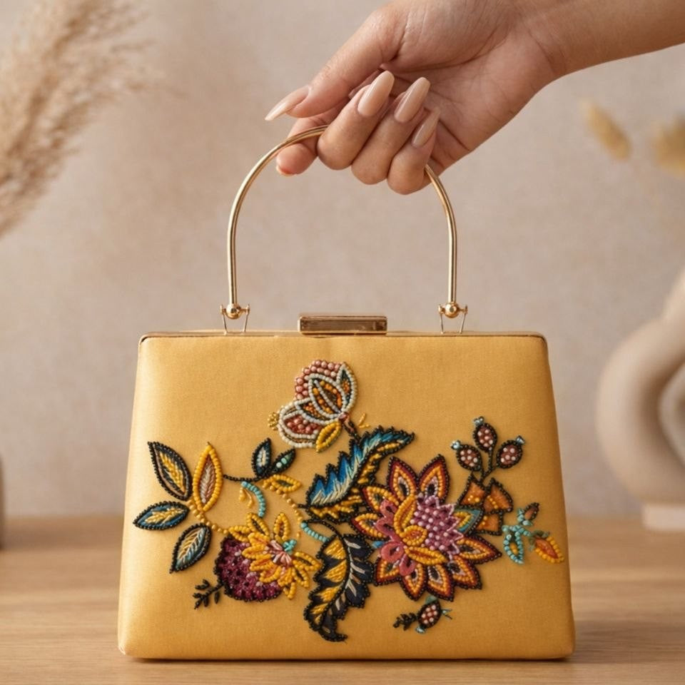 Printed Golden Botanical Embellished Handle Clutch