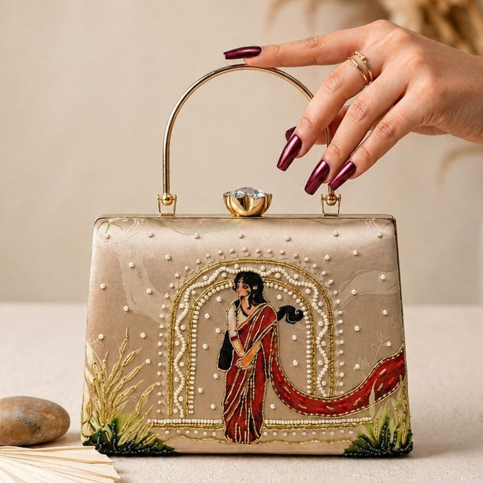 Printed Graceful Lady Embellished Handle Clutch