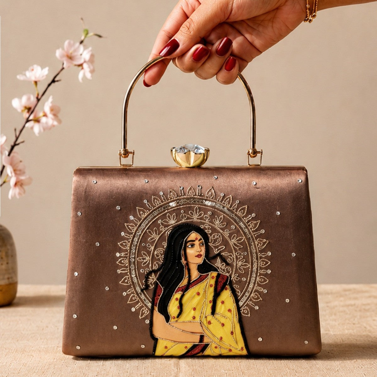Printed Graceful Woman Embellished Handle Clutch