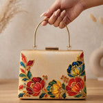 Printed Ivory Floral Embellished Handle Clutch