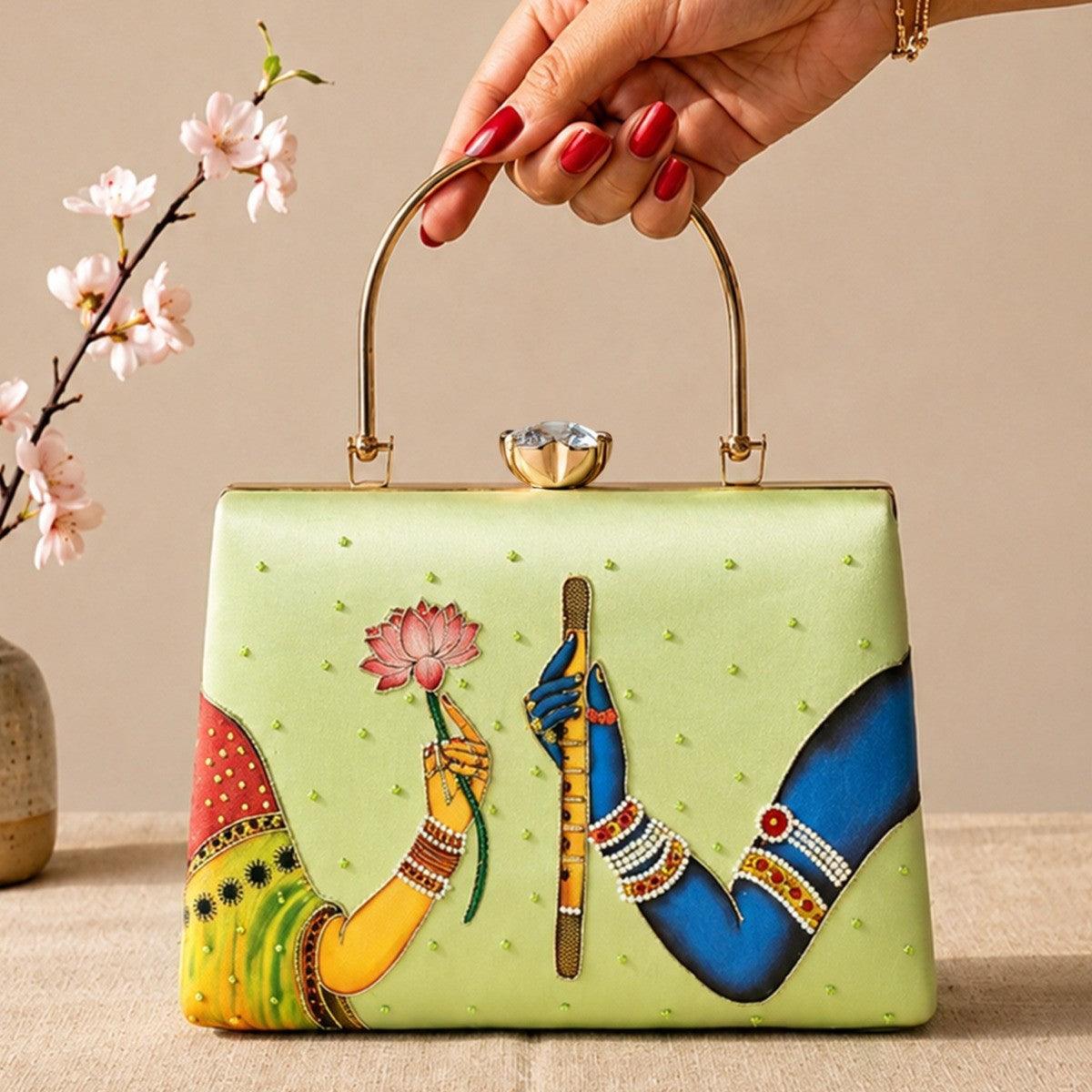 Printed Krishna Lotus Embellished Handle Clutch